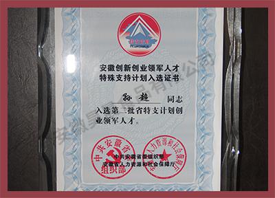 安徽省創(chuàng)新領(lǐng)軍人才特殊支持計劃入選證書